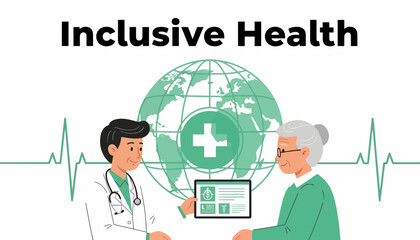 Naklejka premium Inclusive Health Care: Doctor Consults Senior Patient Global Health Concept