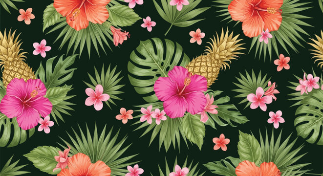 Tropical floral pattern with hibiscus flowers and pineapples on a dark background, viewed from directly above, in a repeating seamless design