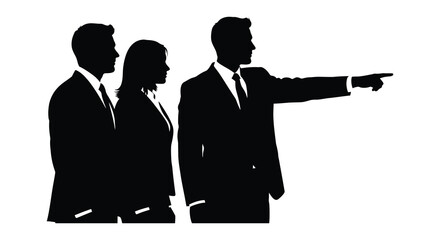 A group of three business professionals with a man pointing presented as a striking black silhouette on transparent background high quality © Ashik