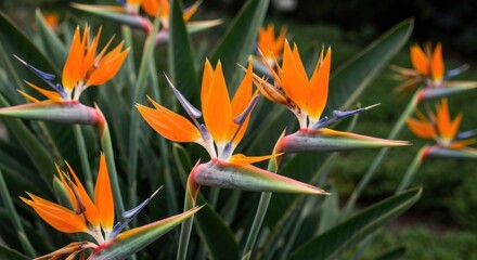 Fototapeta premium Cluster of vibrant orange bird-of-paradise flowers with blue accents and lush green foliage