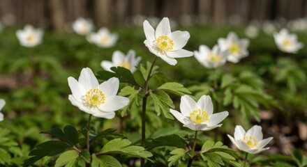 Cluster of small, white flowers with yellow centers amidst green foliage, sunlit in a forest