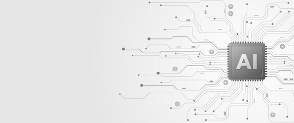 Obraz premium White artificial intelligence technology background with grey AI chip and circuit lines