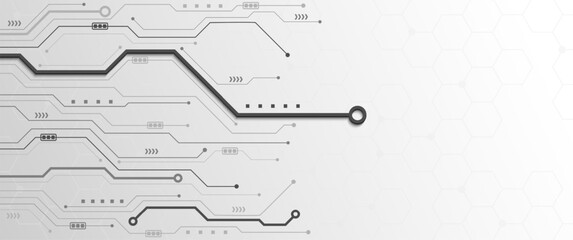 White technology background with grey circuit lines and hexagonal grid pattern
