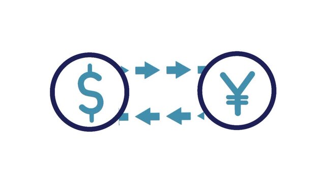 Animated money converter icon with dollar and yen symbols and reverse arrow direction. Concept of currency exchange, international transaction, and financial movement.