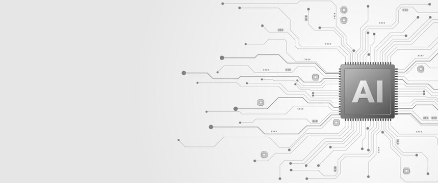 White artificial intelligence technology background with grey AI chip and circuit lines