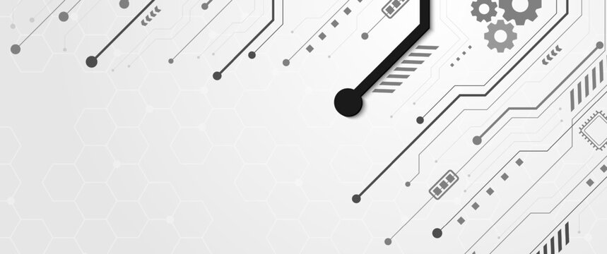 White technology background with grey circuit lines and hexagonal grid pattern