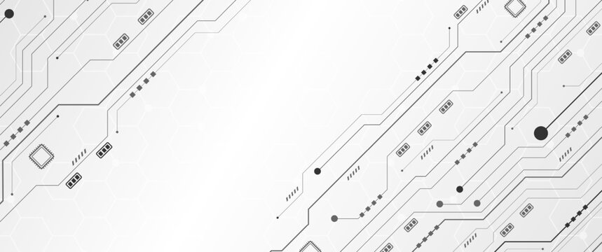 Diagonal grey circuit lines over white technology background with subtle hexagon pattern
