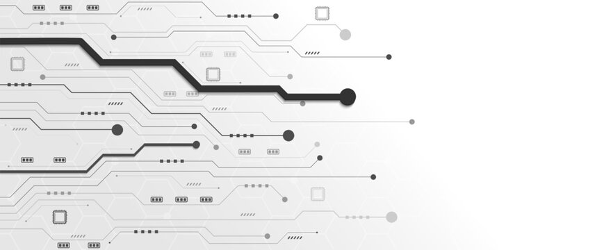 White technology background with grey circuit lines and hexagonal grid pattern