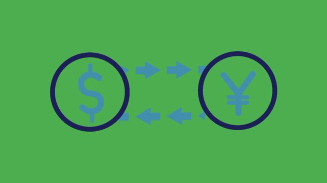 Animated money converter icon with dollar and yen symbols and reverse arrow direction. Concept of currency exchange, international transaction, and financial movement.