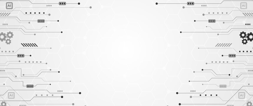 White technology background with grey circuit lines and hexagonal grid pattern