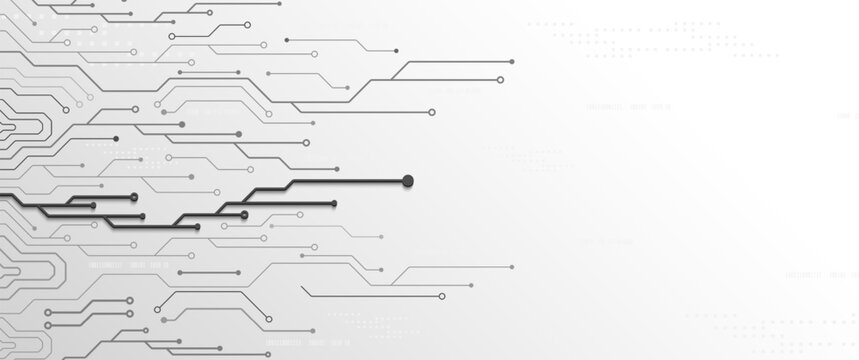 White technology background with grey circuit lines and hexagonal grid pattern