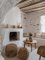 Fototapeta premium A cozy, rustic living space featuring a white plaster fireplace, stone walls, and woven furniture under a beamed ceiling.