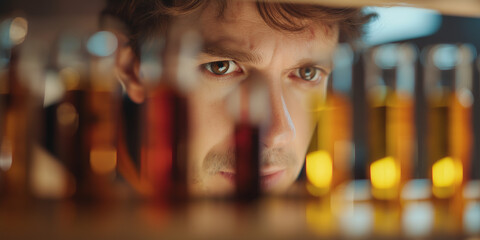 Male scientist examining colorful liquid samples in glass vials, with a blurred background of laboratory equipment and shelves filled with various containers