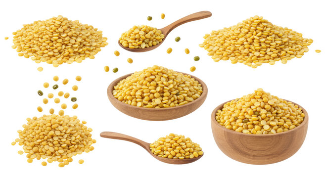 Piles and bowls of yellow split peas and lentils with wooden spoons on a transparent background