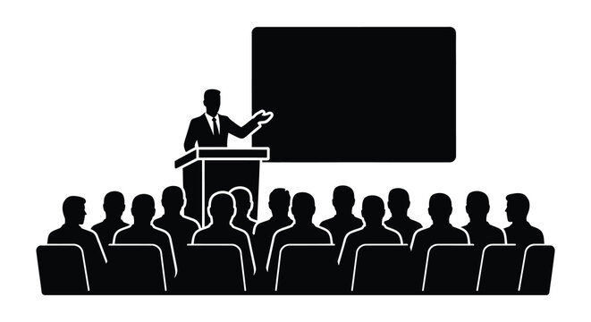 A black silhouette of a speaker presenting to an audience with a screen ideal for presentations on transparent background silhouette