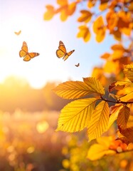 Obraz premium Golden autumn foliage with orange butterflies against a sunny sky