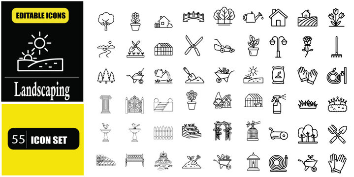 Landscaping Line Icon Set &ndash; Outline Icons for Garden, Gardening Tools, Lawn Care, Plants, Trees, Nature, Yard Design, Irrigation and Outdoor Maintenance Linear Icons for Web, App, UI, UX and Landscape