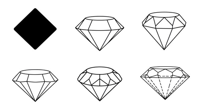 Six black-and-white diamond and gemstone illustrations: one solid rotated square and five outlined faceted gem shapes showing different cut styles and facet arrangements