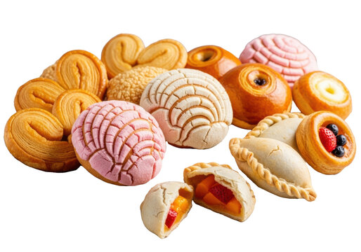 Freshly baked pan dulce including pink concha, palmeritas, cuernitos, and empanadas on a rustic wooden board with linen, soft bokeh background, copy space right, concept of traditional baked goods