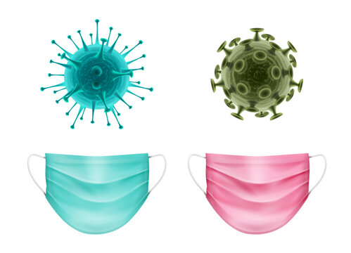 Medical set of protective face masks and virus cells. Concept of flu, coronavirus pandemic, and healthcare protection