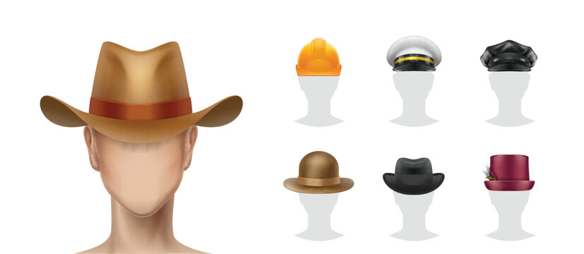 Large set of vector different male hats and caps on mannequin heads. Professional, casual and classic headwear collection isolated on white background