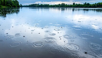 Raindrops create concentric circles on a wide, still river beneath a clouded sky with trees on the far bank