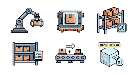 Pixel art icons illustrating warehouse automation and inventory management systems, including robotic arms, automated guided vehicles, conveyor belts, and AI-powered storage