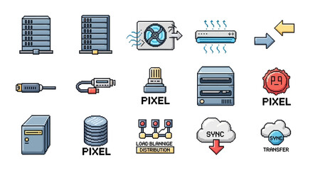 Set of icons representing technology and data transfer, including servers, cables, fans, and cloud sync