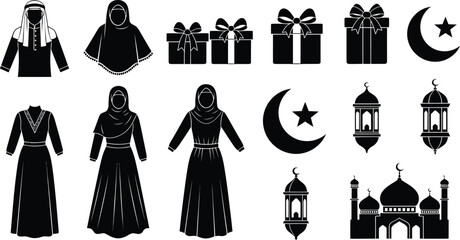 Naklejka premium Black and white Islamic culture and Ramadan icons set vector illustration. Traditional clothing, mosque, and symbols collection.