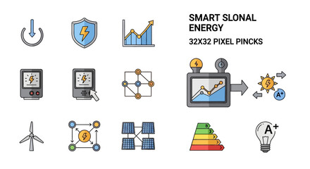 Comprehensive collection of modern smart energy icons representing sustainable power solutions, renewable energy management, and efficiency innovations for a connected future