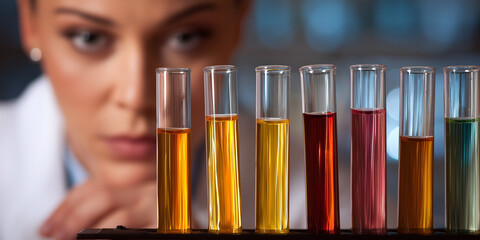 Female scientist in white lab coat observes colorful test tubes filled with liquids, arranged in a row on a laboratory bench with blurred background