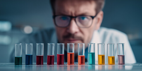 Male scientist in glasses examines colorful test tubes filled with liquids, arranged in a row on a laboratory table with blurred background elements