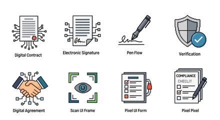 Comprehensive collection of modern business icons showcasing digital contracts, electronic signatures, online agreements, secure verification, and compliance checklists for streamlined legal processes