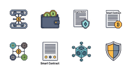 Crypto Wallet, Smart Contract and Blockchain Icons A Digital Asset Management and Security Concept
