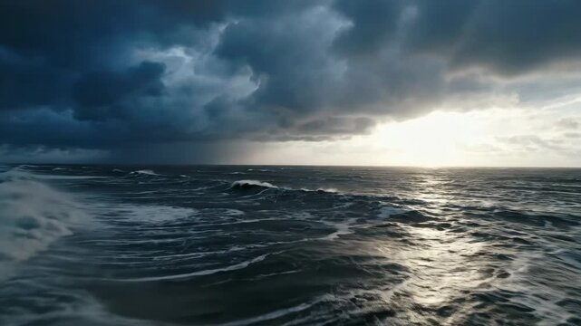 Dramatic dark storm clouds over turbulent ocean with cinematic forward motion