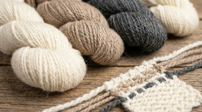 Peruvian alpaca wool yarn texture with neutral colors on wood surface  