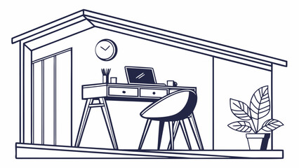 Fototapeta premium Modern home office with laptop and plant in minimalist shed