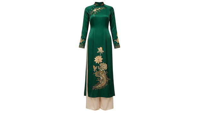 Vietnamese ao dai dress in green silk with floral embroidery isolated  