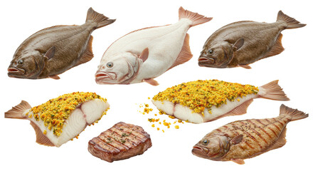 Obraz premium Three whole turbot, raw and cooked fillets and steaks with herb breadcrumb crusts, isolated on transparent background