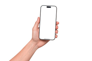 Hand holding smartphone mockup with blank screen isolated on transparent background. Mobile phone with empty display for copy space.
