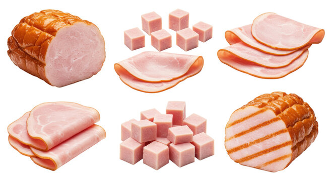 Assortment of sliced, cubed and small boneless cooked ham pieces on a transparent background