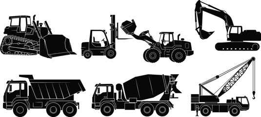 Construction machinery silhouette set featuring excavator, bulldozer, forklift, dump truck, concrete mixer and crane, heavy equipment industrial vector illustration © Jomila