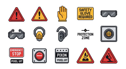 Comprehensive collection of vibrant pixel art safety and warning icons, featuring essential protective gear, hazard signs, and emergency alerts for industrial and workplace environments