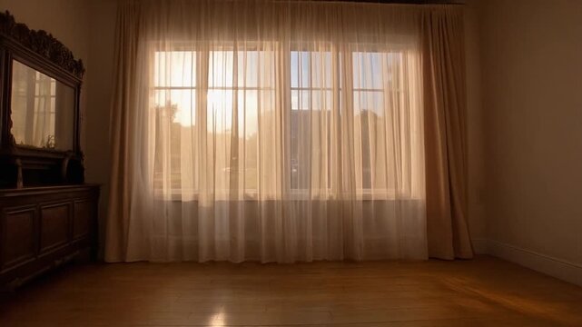 Interior shot of a sunlit room, featuring sheer and opaque curtains over a window