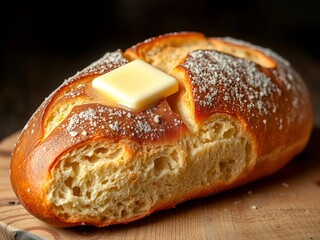 Golden brown baked baguette sliced with butter melting on top, rustic setting,  slice,  snack