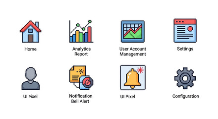 A Set of 8 Pixel Art Icons for Web and App Interfaces, Including Home, Analytics, User Management, Settings, User Profile, Notifications, UI Elements, and Configuration