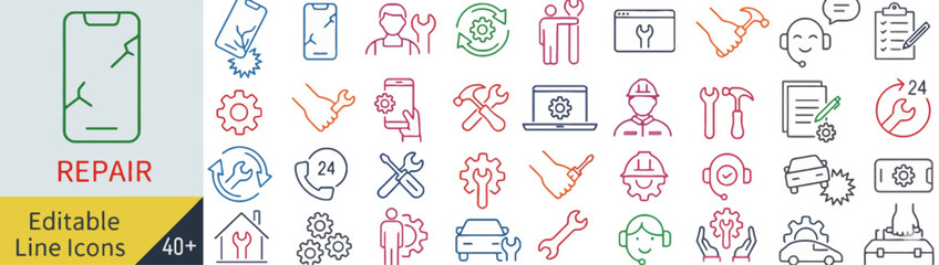 Collection of Editable Line Icons Representing Repair and Technology Concepts