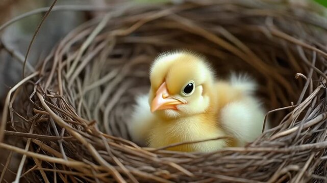 A fluffy, yellow chick with open beak sits in a nest made of twigs and dried grass