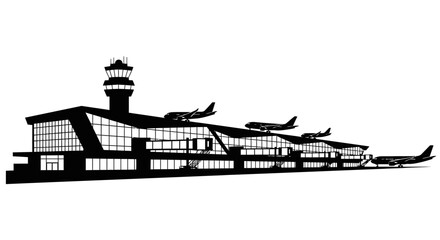 Fototapeta premium Modern Airport Terminal with Airplanes IllustrationThis image presents a modern airport terminal building with multiple airplanes positioned on the runway, symbolizing global travel and aviation inf