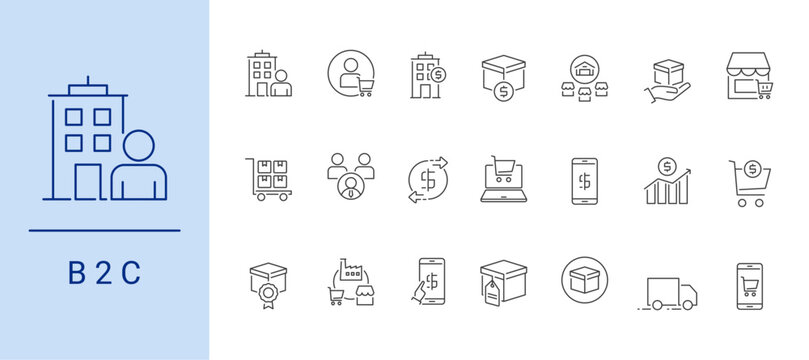 Business To Consumer Icon Set containing B2C, customer, business, selling, distributor, direct selling, reseller, wholesaler, middleman, transaction, e commerce, online transaction vector icons